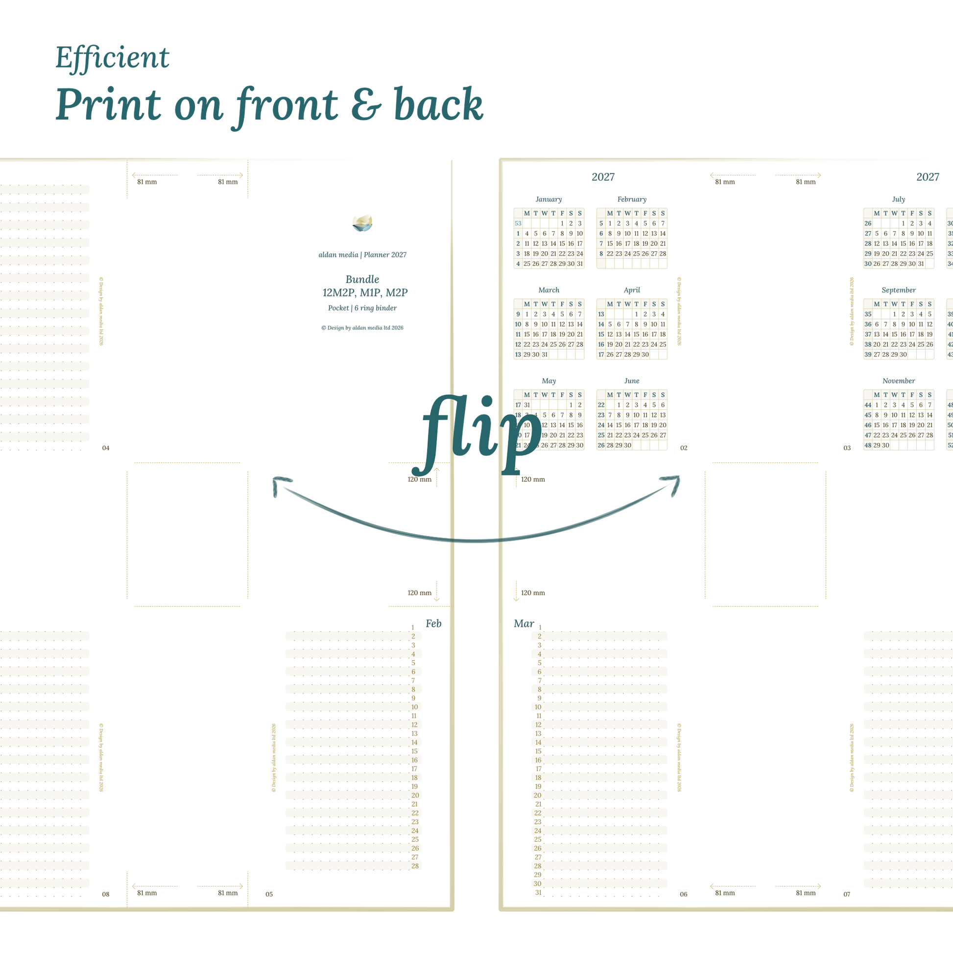 Printable PDF calendar title design and text indicating efficient printing on front and back.