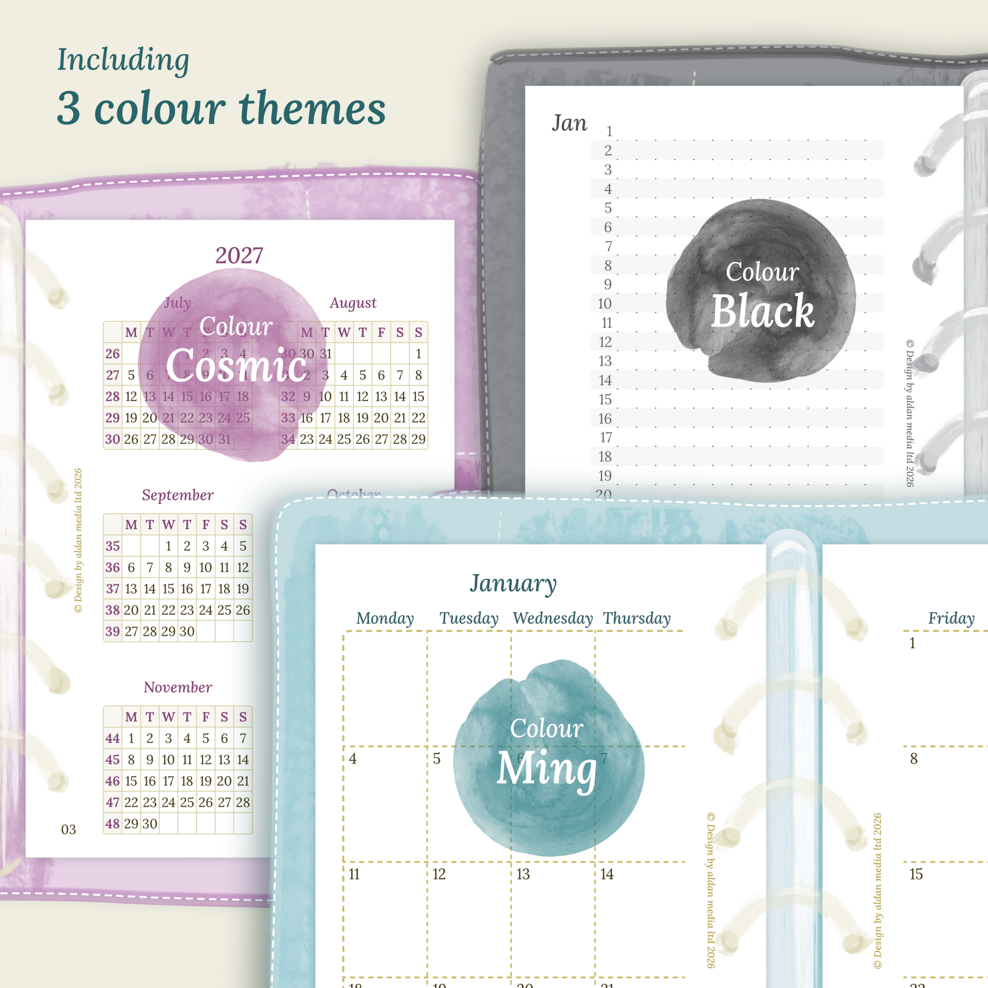Three colour variants of the calendar designs with colour themes ‚Cosmic/Raspberry', 'Black', and ‚Ming/Blue' displayed to show how the different modules of the Bundle L look like.