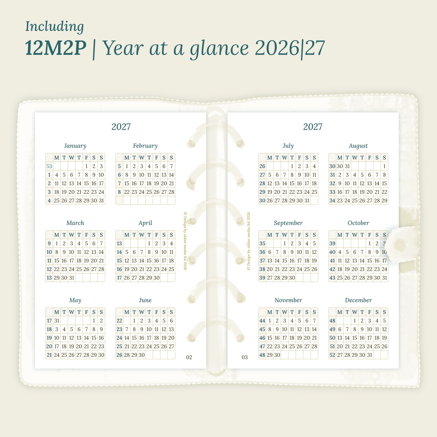 Open planner showing details of the PDF printable planner inserts module  12M2P 12 months on 2 pages for 2026 & 2027 inside this Bundle L