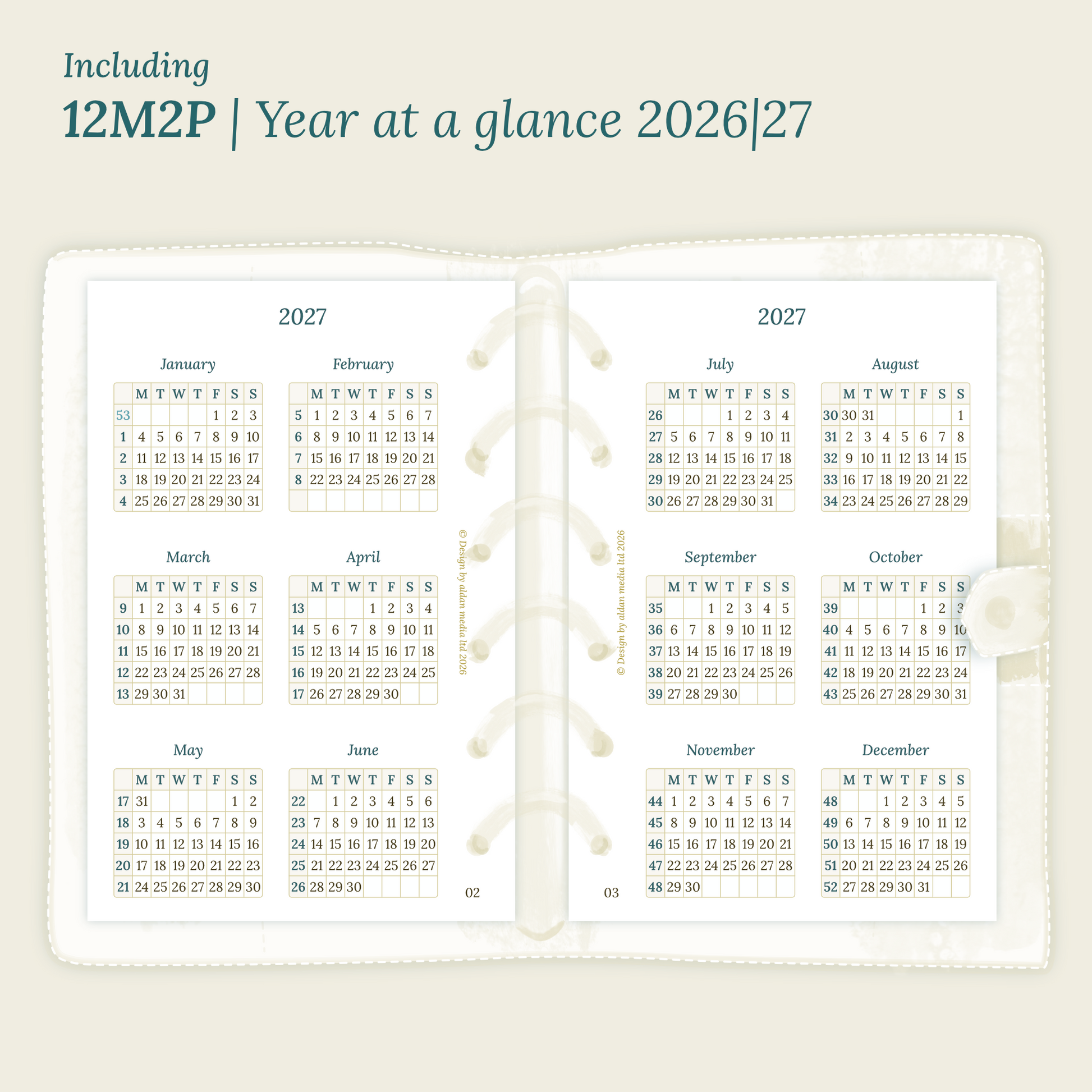Open planner showing details of the PDF printable planner inserts module  12M2P 12 months on 2 pages for 2026 & 2027 inside this Bundle L