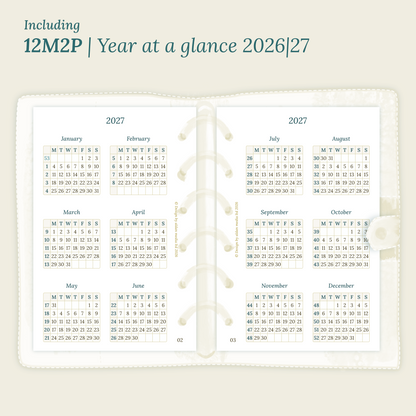 Open planner showing details of the PDF printable planner inserts module  12M2P 12 months on 2 pages for 2026 & 2027 inside this Bundle L