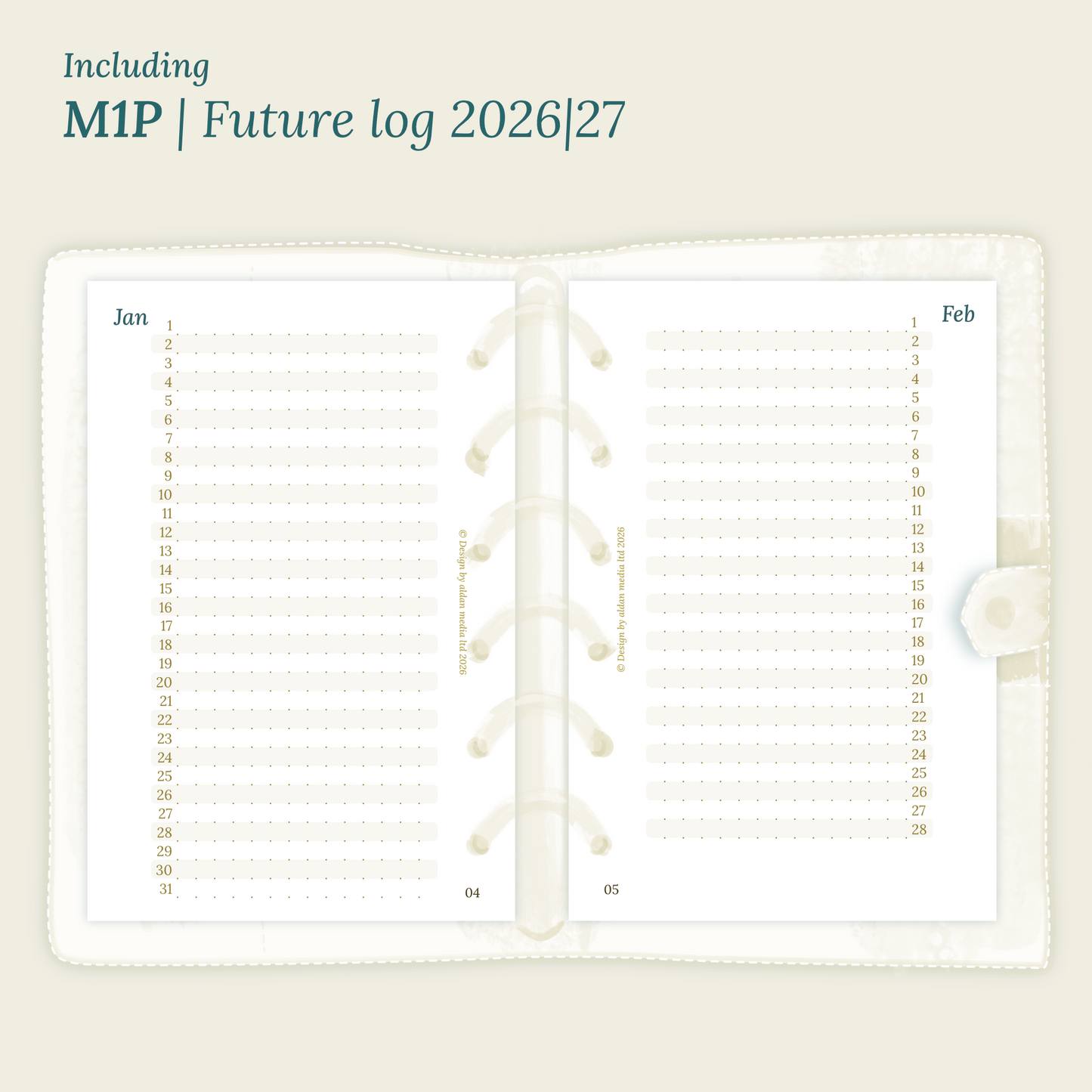 Open planner showing details of the PDF printable planner inserts module M1P future log month on 1 page for 2026 & 2027 inside this Bundle L