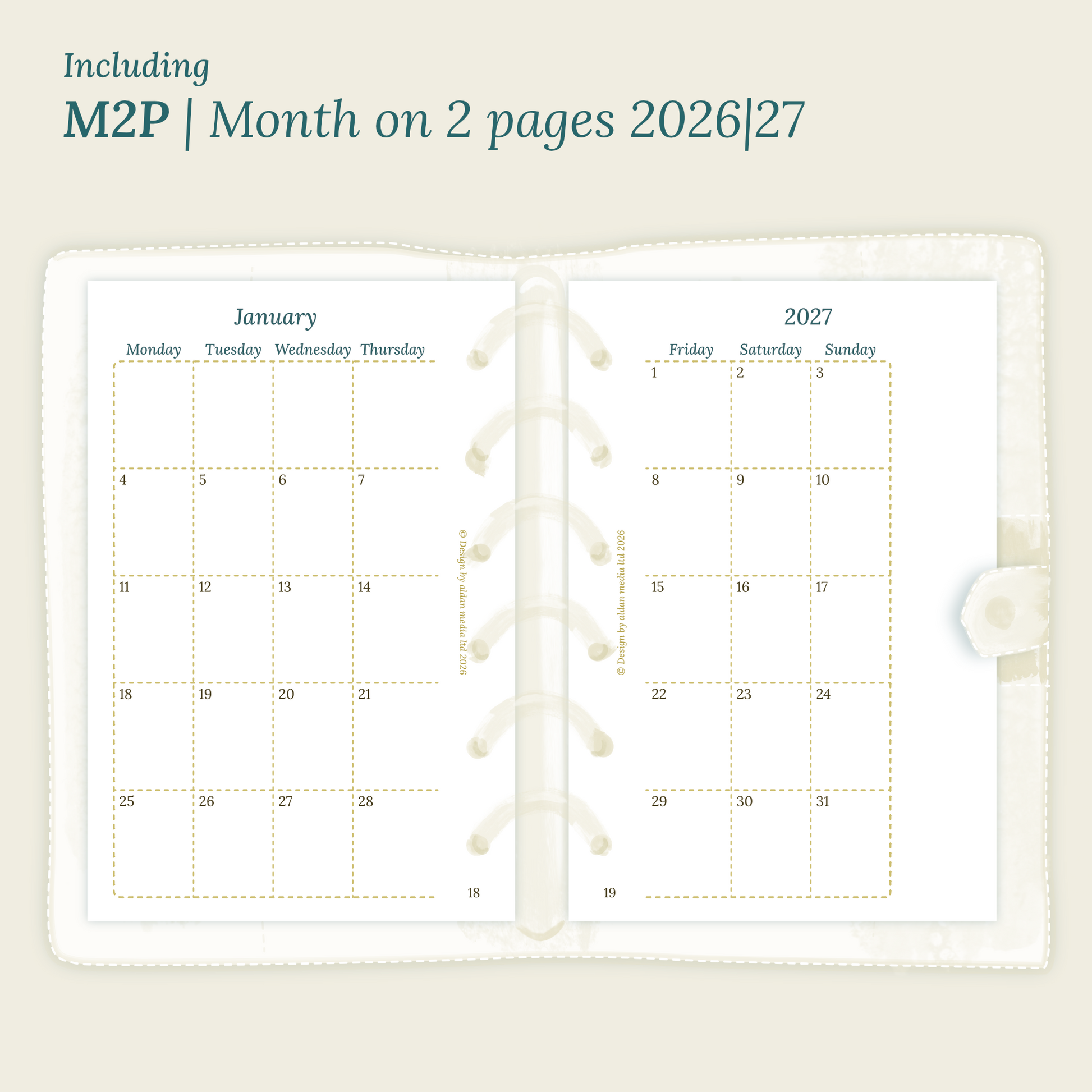 Open planner showing details of the PDF printable planner inserts module M2P month on 2 pages for 2026 and 2027 inside this Bundle L.