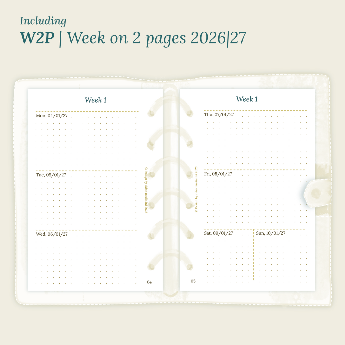 Open planner showing details of the PDF printable planner inserts module W2P week on 2 pages for 2026 and 2027 inside this Bundle L.