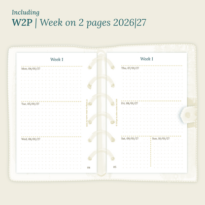 Open planner showing details of the PDF printable planner inserts module W2P week on 2 pages for 2026 and 2027 inside this Bundle L.