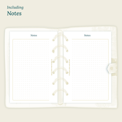 Open planner showing details of the PDF printable planner inserts module Notes for 2027 inside this Bundle L.