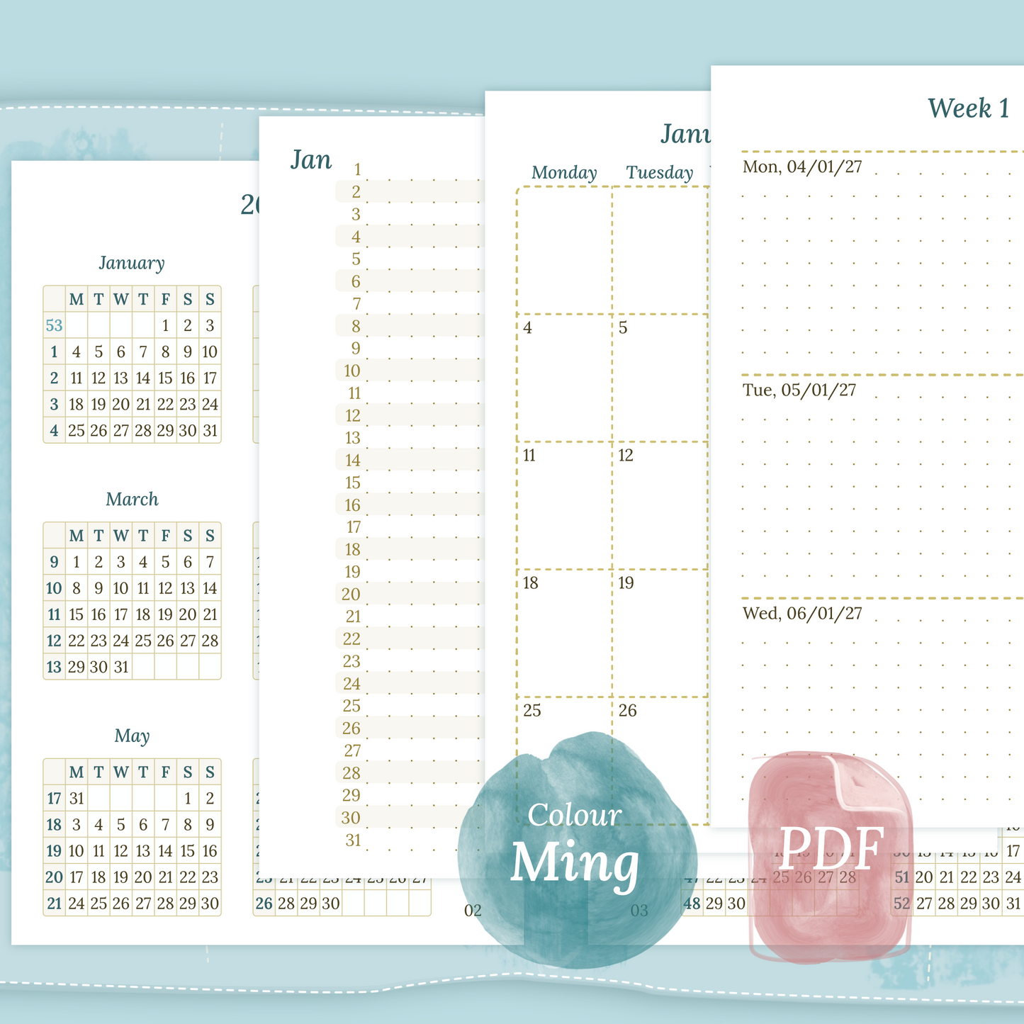 Examples featuring the different PDF printable planner inserts modules of this Bundle L for 2026 and 2027 in the colour Ming/Blue featuring 12M2P 12 month on 2 pages, M1P future log month on 1 page, M2P month on 2 pages, W2P week on 2 pages and a Notes.
