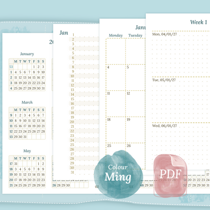 Examples featuring the different PDF printable planner inserts modules of this Bundle L for 2026 and 2027 in the colour Ming/Blue featuring 12M2P 12 month on 2 pages, M1P future log month on 1 page, M2P month on 2 pages, W2P week on 2 pages and a Notes.