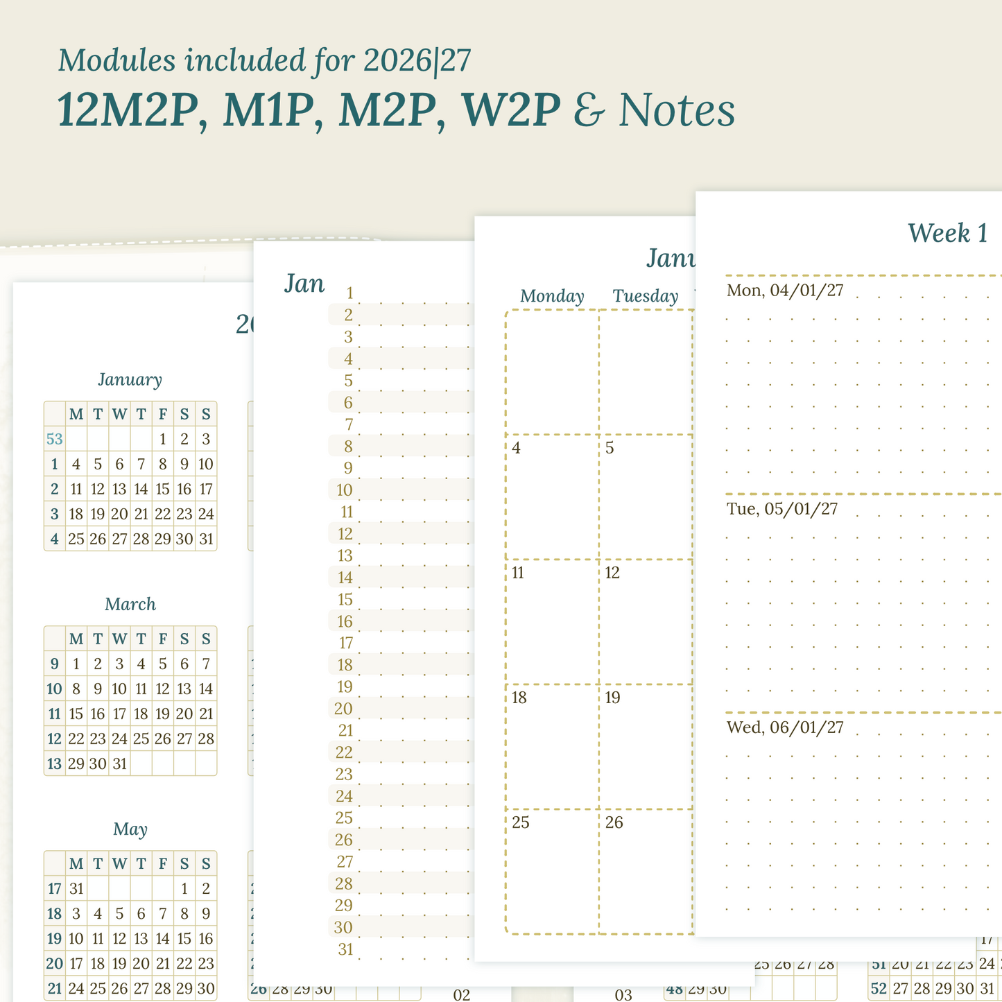 Calendar PDF printable inserts modules for the years 2026 and 2027 with various formats on a beige background featuring 12M2P 12 month on 2 pages, M1P future log month on 1 page, M2P month on 2 pages, W2P week on 2 pages and a Notes.