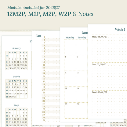 Calendar PDF printable inserts modules for the years 2026 and 2027 with various formats on a beige background featuring 12M2P 12 month on 2 pages, M1P future log month on 1 page, M2P month on 2 pages, W2P week on 2 pages and a Notes.