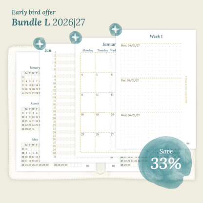 Calendar PDF printable Bundle L for 2026 and 2027 with early bird offer of 33% discount for Pocket size 6 ring binder planner.