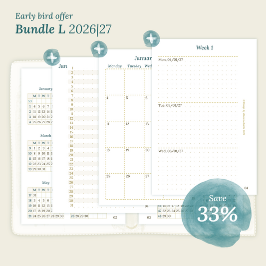 Calendar PDF printable Bundle L for 2026 and 2027 with early bird offer of 33% discount for Pocket size 6 ring binder planner.