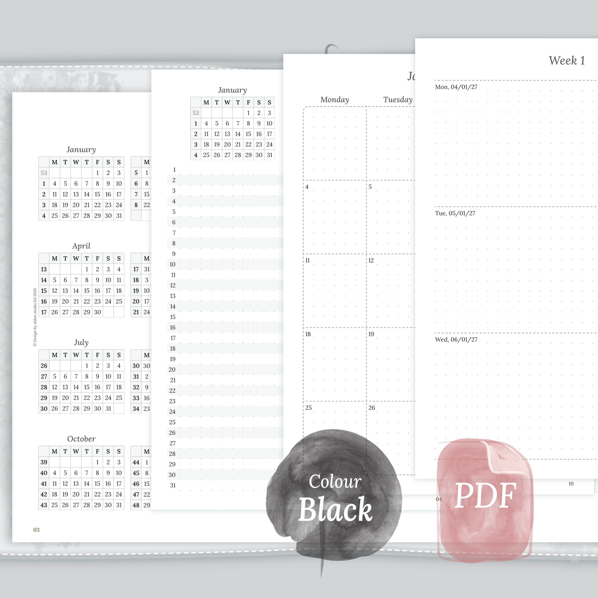 Examples featuring the different PDF printable planner inserts modules of this Bundle L for 2026 and 2027 in the colour Black & White.