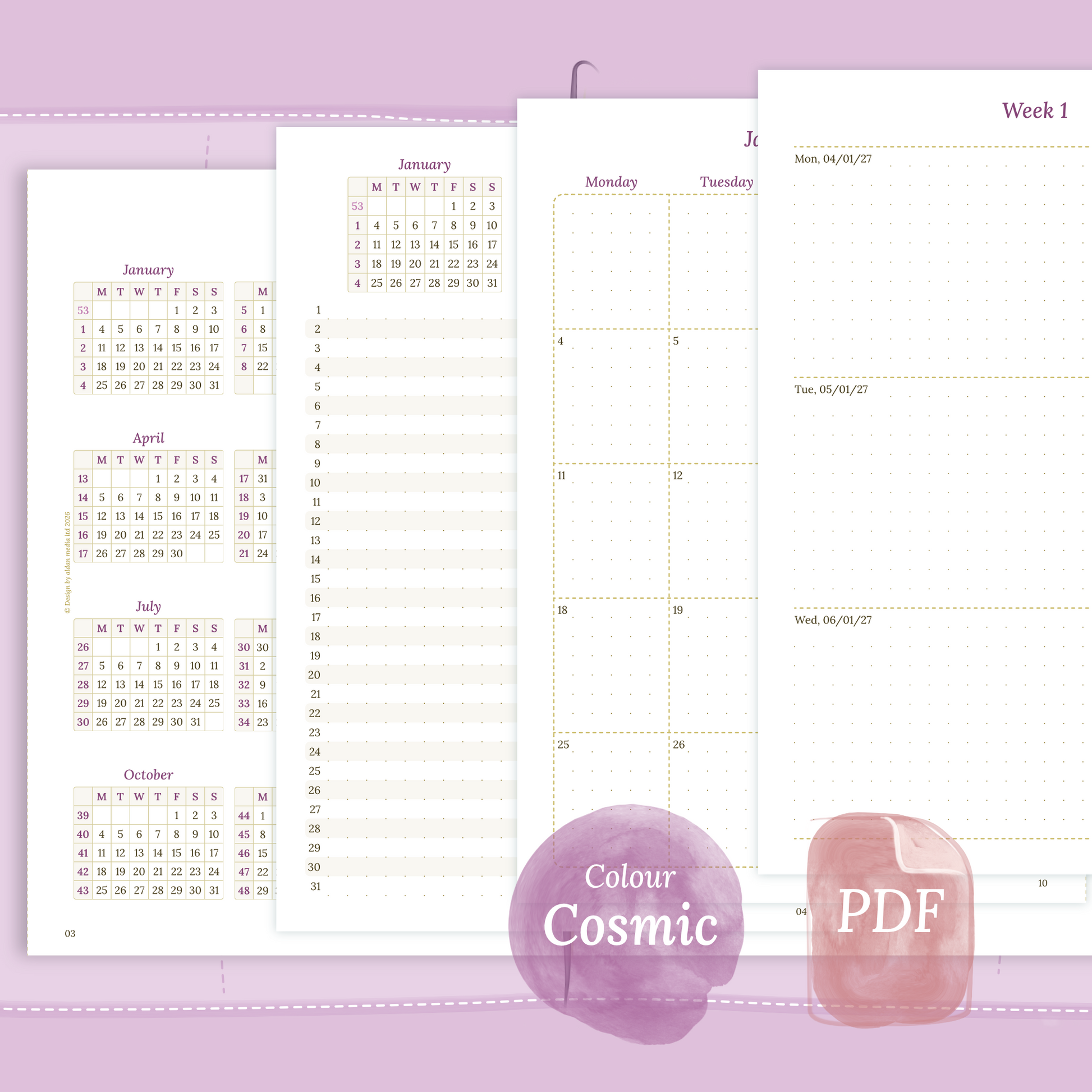 Examples featuring the different PDF printable planner inserts modules of this Bundle L for 2026 and 2027 in the colour Cosmic/Raspberry.