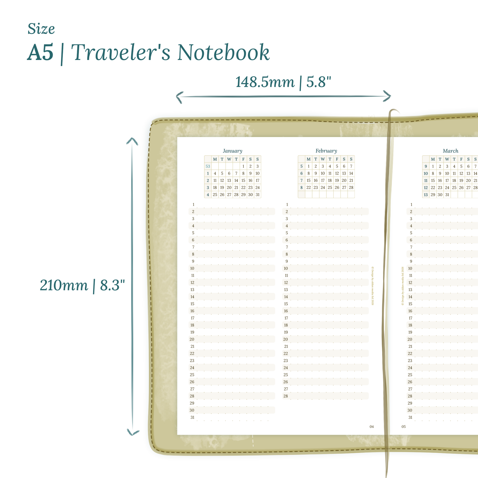 Printable PDF calendar planner insert with dimensions labeled on a white background to show the size supported which is A5