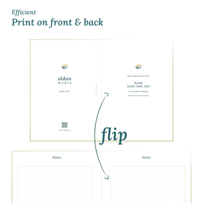 Printable PDF calendar title design and text indicating efficient printing on front and back.