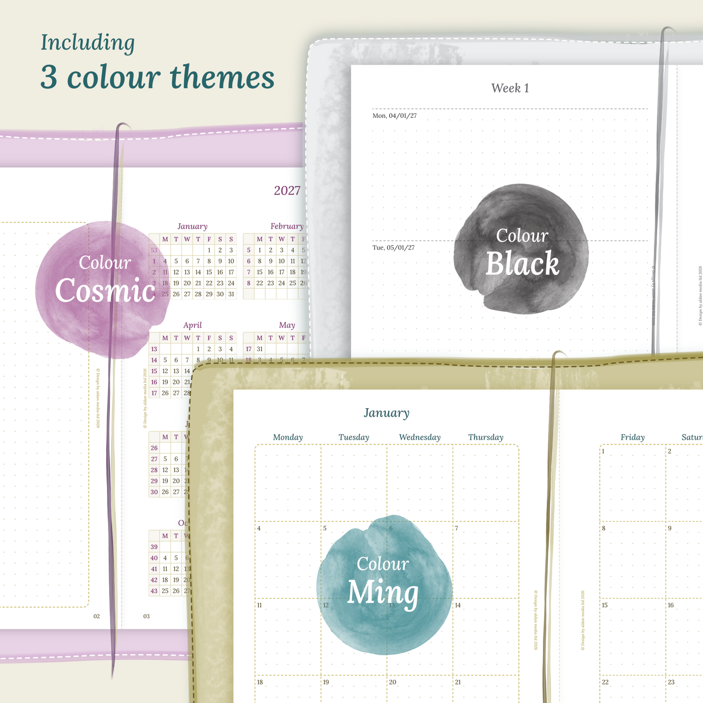 Three colour variants of the calendar designs with colour themes 'Cosmic', 'Black', and 'Ming' displayed to show how the different modules of the Bundle L look like.