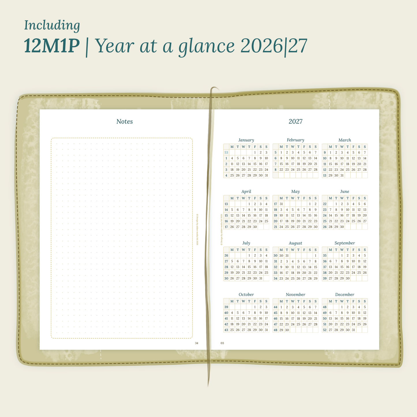 Open planner showing details of the PDF printable planner inserts module 12M1P 12 months on 1 page for 2026 & 2027 inside this Bundle L