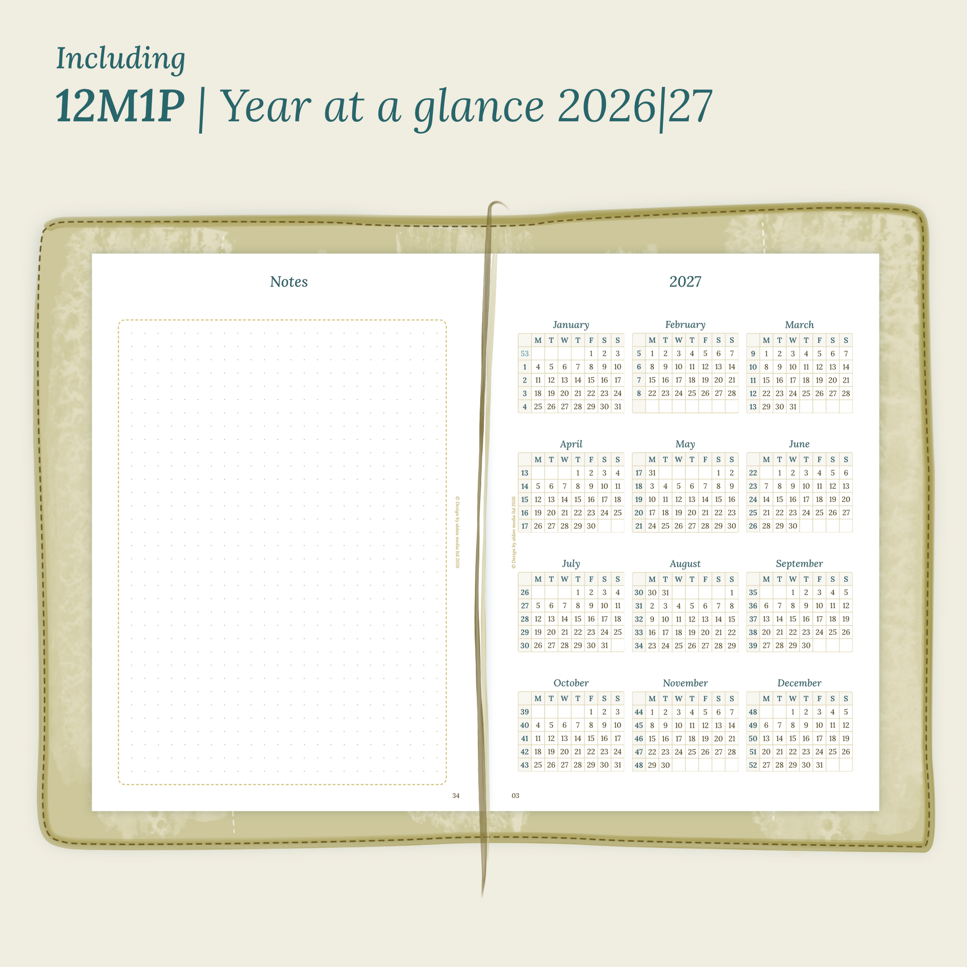 Open planner showing details of the PDF printable planner inserts module 12M1P 12 months on 1 page for 2026 & 2027 inside this Bundle L