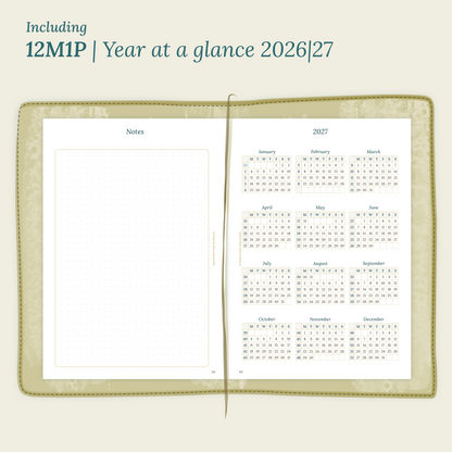 Open planner showing details of the PDF printable planner inserts module 12M1P 12 months on 1 page for 2026 & 2027 inside this Bundle L
