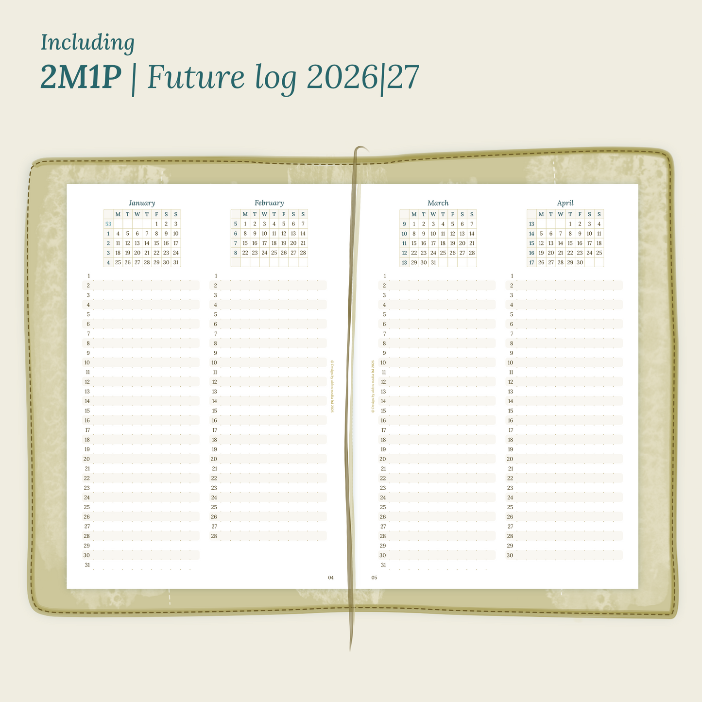Open planner showing details of the PDF printable planner inserts module 2M1P future log, 2 months on 1 page for 2026 & 2027 inside this Bundle L
