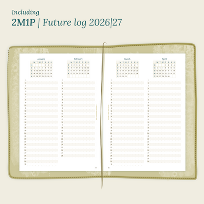 Open planner showing details of the PDF printable planner inserts module 2M1P future log, 2 months on 1 page for 2026 & 2027 inside this Bundle L