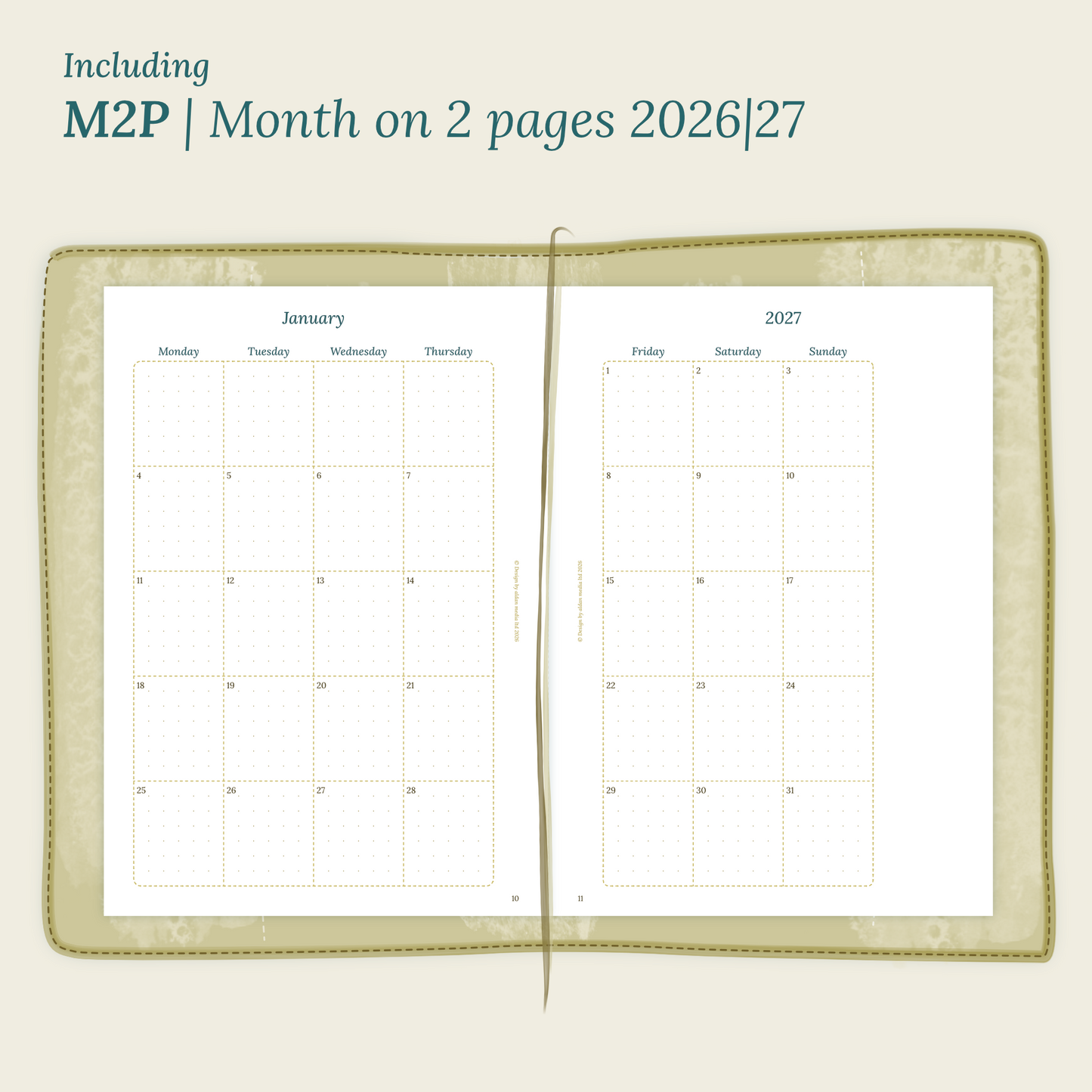 Open planner showing details of the PDF printable planner inserts module M2P month on 2 pages for 2026 and 2027 inside this Bundle L.