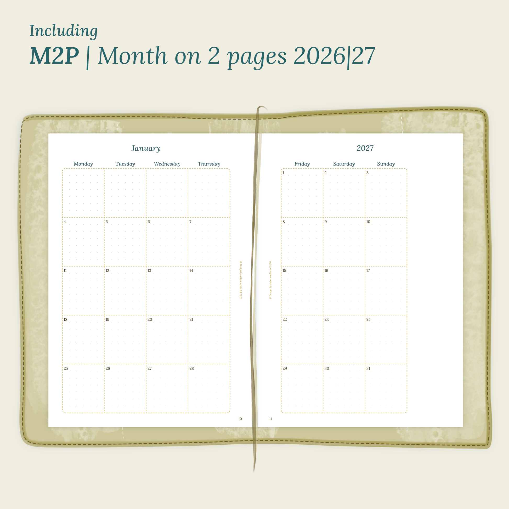 Open planner showing details of the PDF printable planner inserts module M2P month on 2 pages for 2026 and 2027 inside this Bundle L.