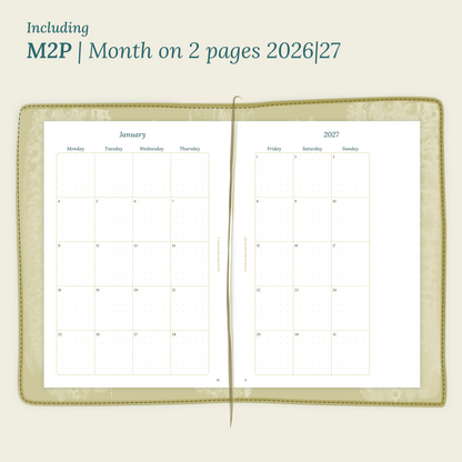 Open planner showing details of the PDF printable planner inserts module M2P month on 2 pages for 2026 and 2027 inside this Bundle L.