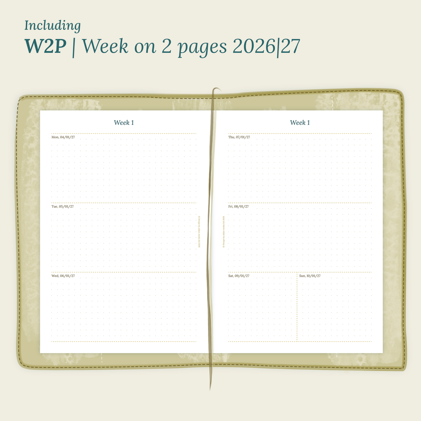 Open planner showing details of the PDF printable planner inserts module W2P week on 2 pages for 2026 and 2027 inside this Bundle L.
