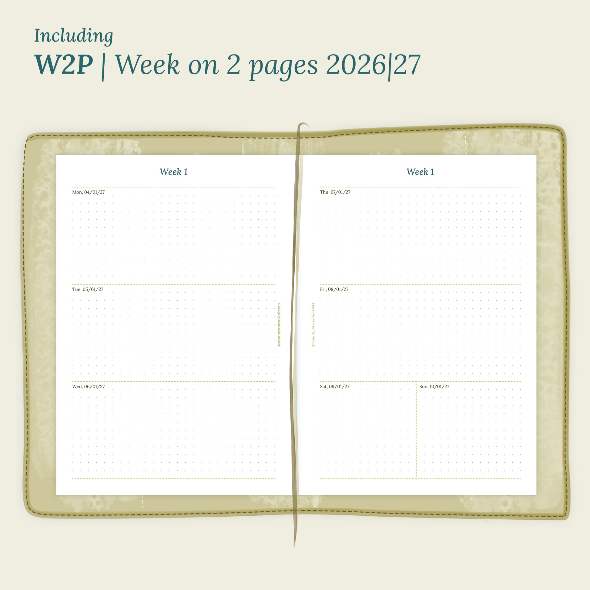 Open planner showing details of the PDF printable planner inserts module W2P week on 2 pages for 2026 and 2027 inside this Bundle L.