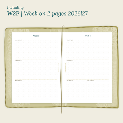 Open planner showing details of the PDF printable planner inserts module W2P week on 2 pages for 2026 and 2027 inside this Bundle L.