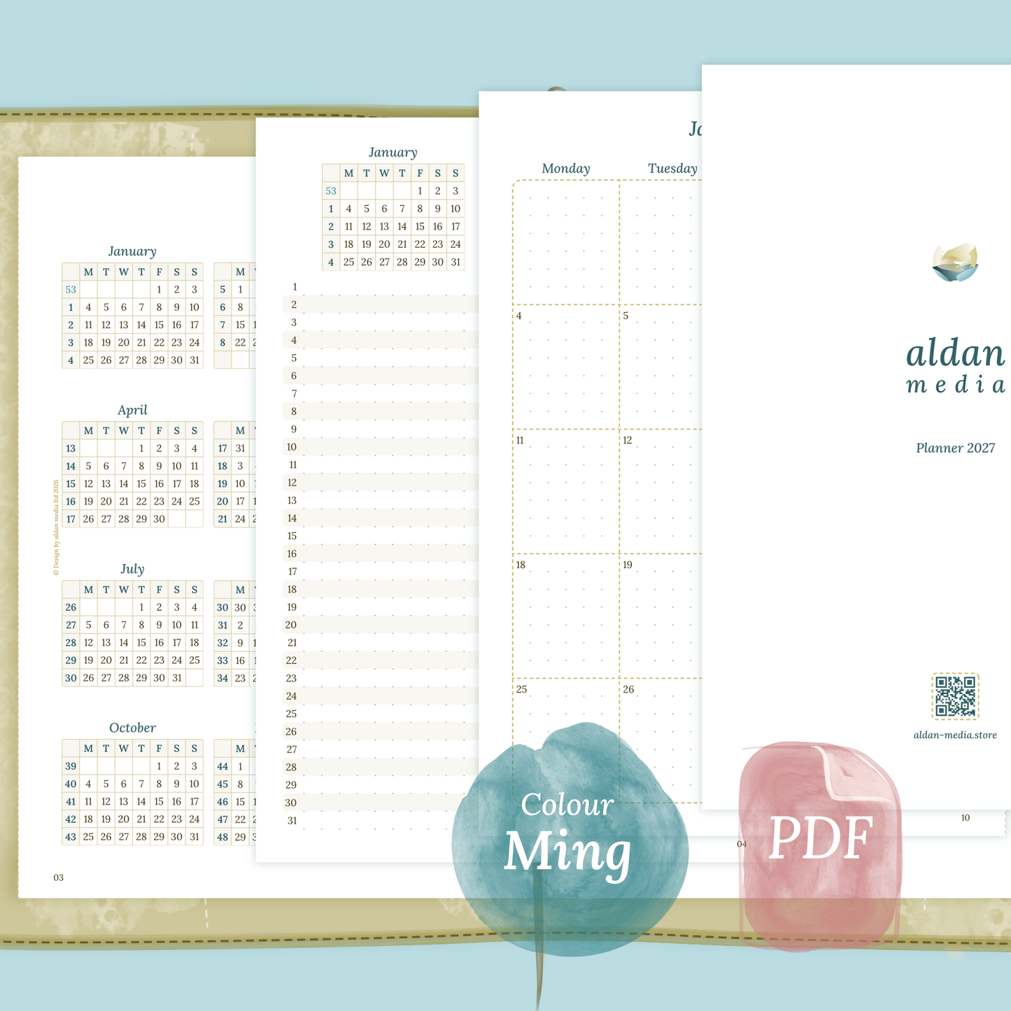 Examples featuring the different PDF printable planner inserts modules of this Bundle L for 2026 and 2027 in the colour Ming/Blue.