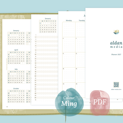 Examples featuring the different PDF printable planner inserts modules of this Bundle L for 2026 and 2027 in the colour Ming/Blue.