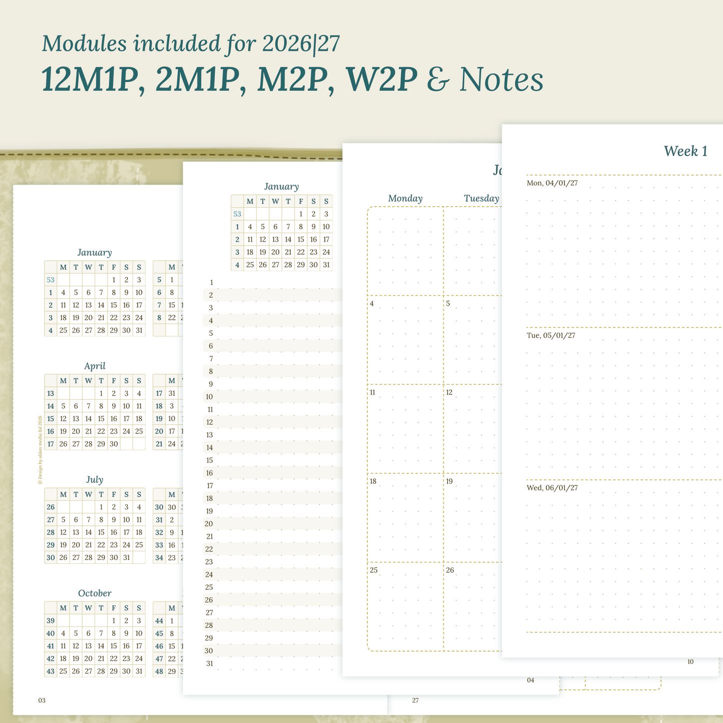 Calendar PDF printable inserts modules for the years 2026 and 2027 with various formats on a beige background featuring 12M1P 12 month on 1 page, 2M1P future log 2 months on 1 page, M2P month on 2 pages, W2P week on 2 pages and a Notes module.