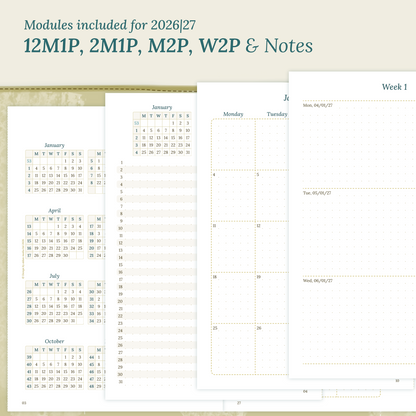 Calendar PDF printable inserts modules for the years 2026 and 2027 with various formats on a beige background featuring 12M1P 12 month on 1 page, 2M1P future log 2 months on 1 page, M2P month on 2 pages, W2P week on 2 pages and a Notes module.