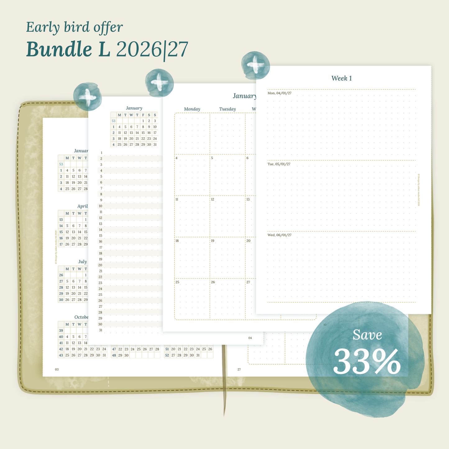 Calendar PDF printable Bundle L for 2026 and 2027 with early bird offer of 33% discount for A5 size Traveler's Notebook planner