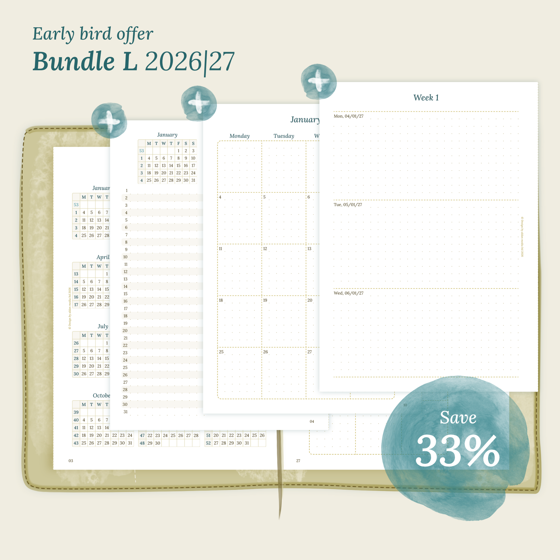 Calendar PDF printable Bundle L for 2026 and 2027 with early bird offer of 33% discount for A5 size Traveler's Notebook planner