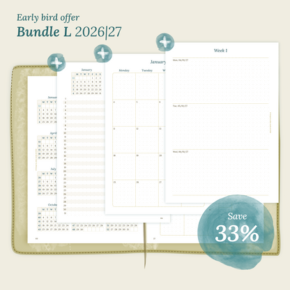 Calendar PDF printable Bundle L for 2026 and 2027 with early bird offer of 33% discount for A5 size Traveler's Notebook planner
