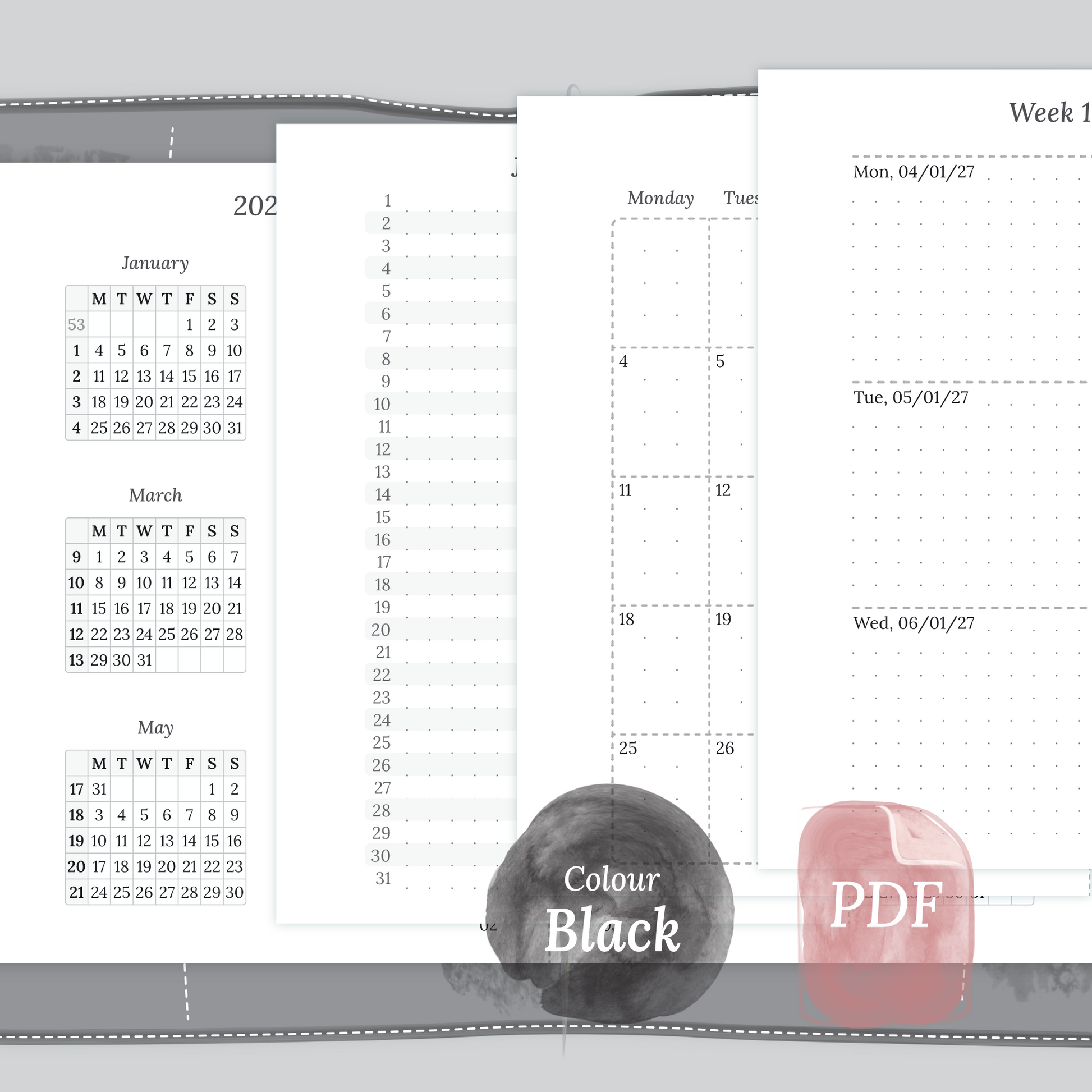 Examples featuring the different PDF printable planner inserts modules of this Bundle L for 2026 and 2027 in the colour Black & White featuring 12M2P 12 month on 2 pages, M1P future log month on 1 page, M2P month on 2 pages and W2P week on 2 pages.