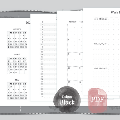 Examples featuring the different PDF printable planner inserts modules of this Bundle L for 2026 and 2027 in the colour Black & White featuring 12M2P 12 month on 2 pages, M1P future log month on 1 page, M2P month on 2 pages and W2P week on 2 pages.
