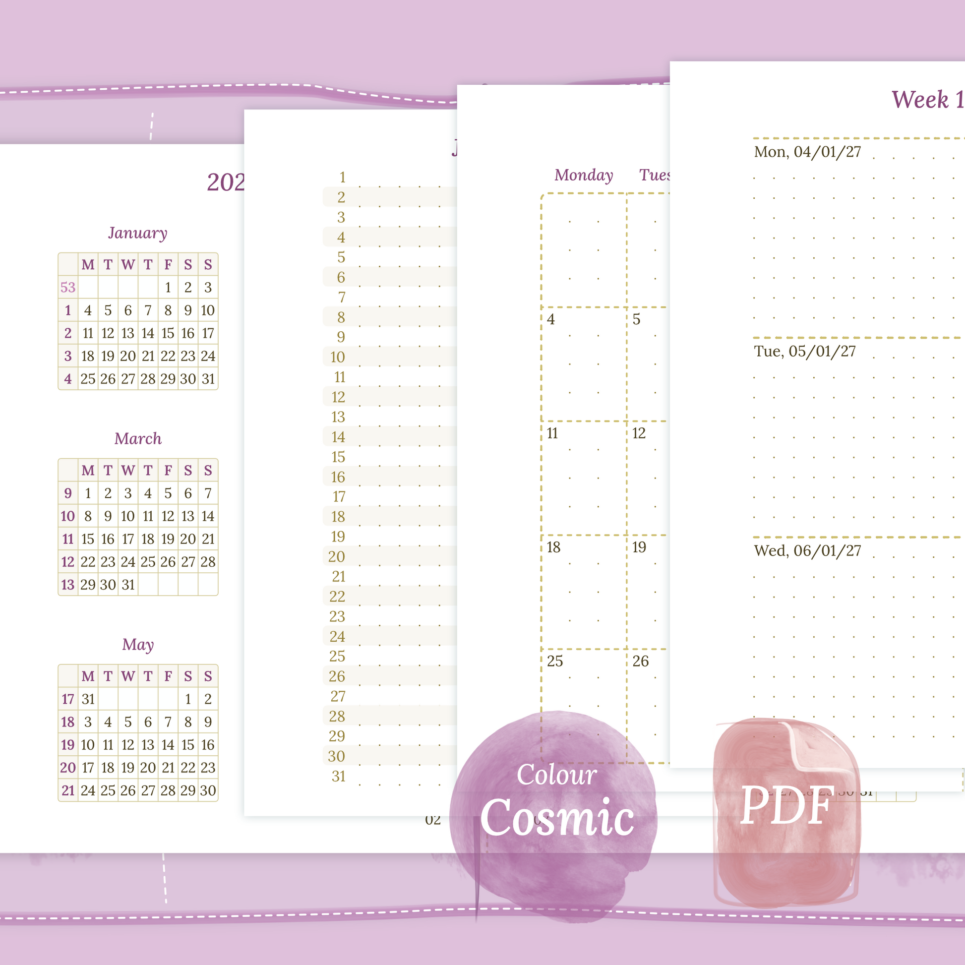 Examples featuring the different PDF printable planner inserts modules of this Bundle L for 2026 and 2027 in the colour Cosmic/Raspberry featuring 12M2P 12 month on 2 pages, M1P future log month on 1 page, M2P month on 2 pages and W2P week on 2 pages.
