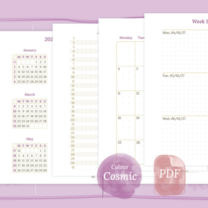 Examples featuring the different PDF printable planner inserts modules of this Bundle L for 2026 and 2027 in the colour Cosmic/Raspberry featuring 12M2P 12 month on 2 pages, M1P future log month on 1 page, M2P month on 2 pages and W2P week on 2 pages.