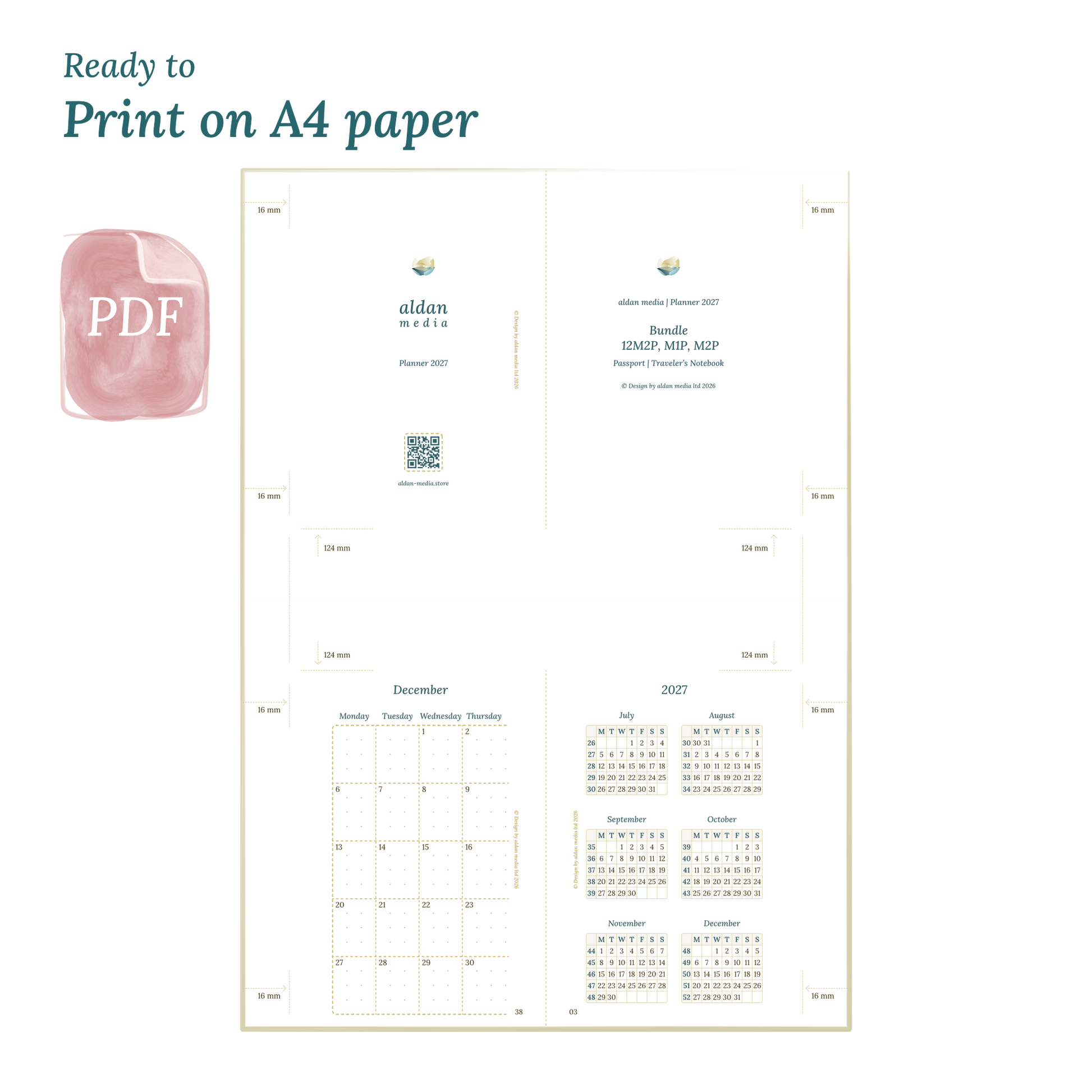 Printable PDF calendar planner with title design on A4 paper that illustrates that our products are ready to print.