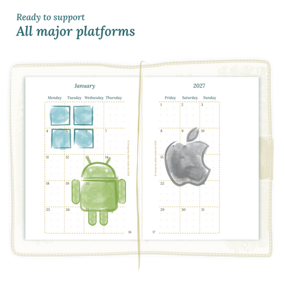 Open planner calendar insert with Windows, Android and Apple logos on a white background to show what operating systems are supported by our PDF printables.