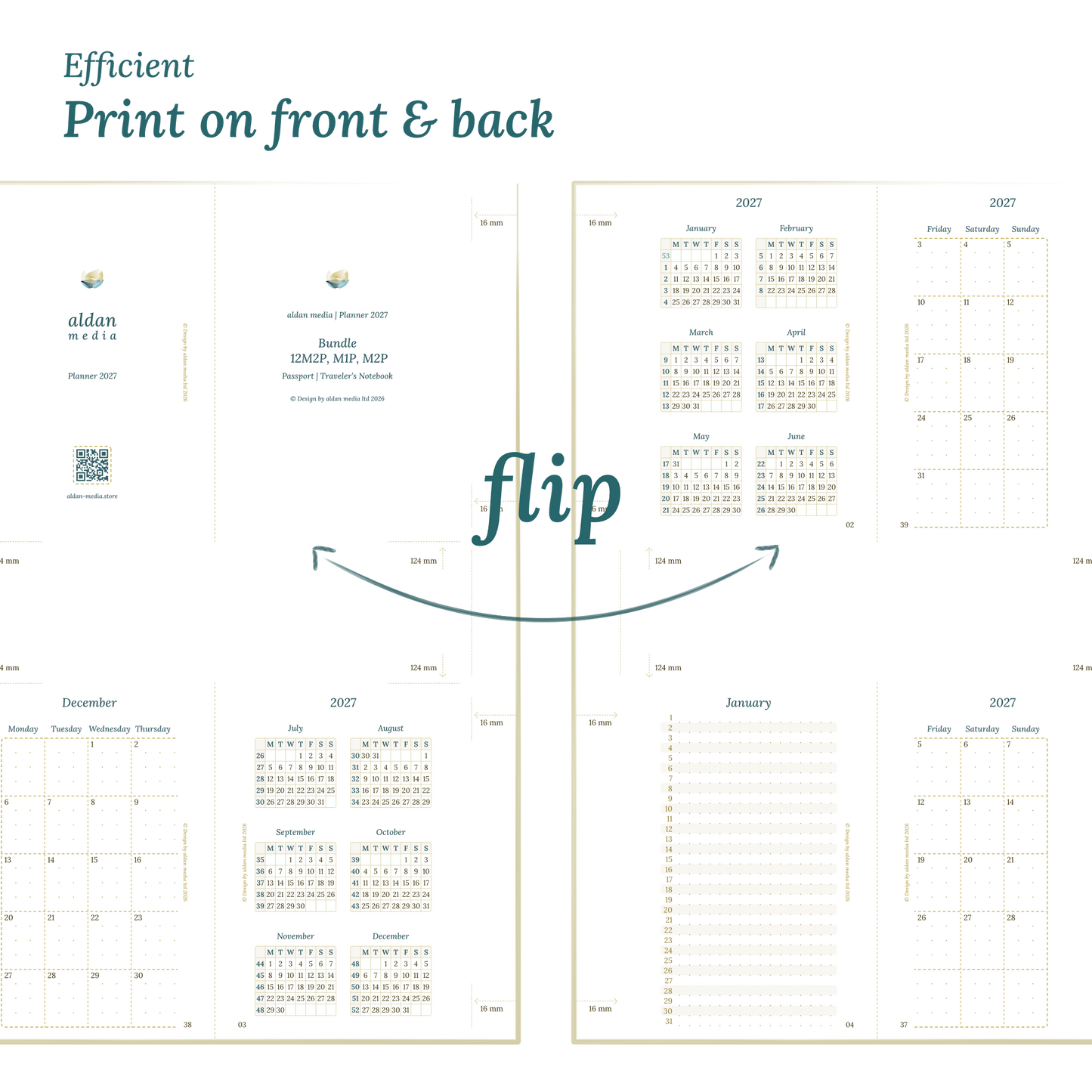 Printable PDF calendar title design and text indicating efficient printing on front and back.
