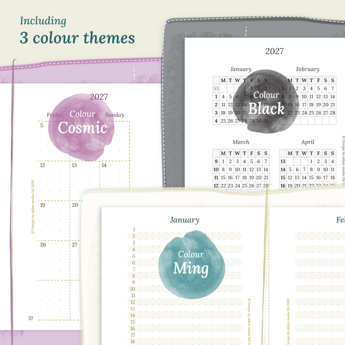 Three colour variants of the calendar designs with colour themes ‚Cosmic/Raspberry', 'Black', and ‚Ming/Blue' displayed to show how the different modules of the Bundle L look like.