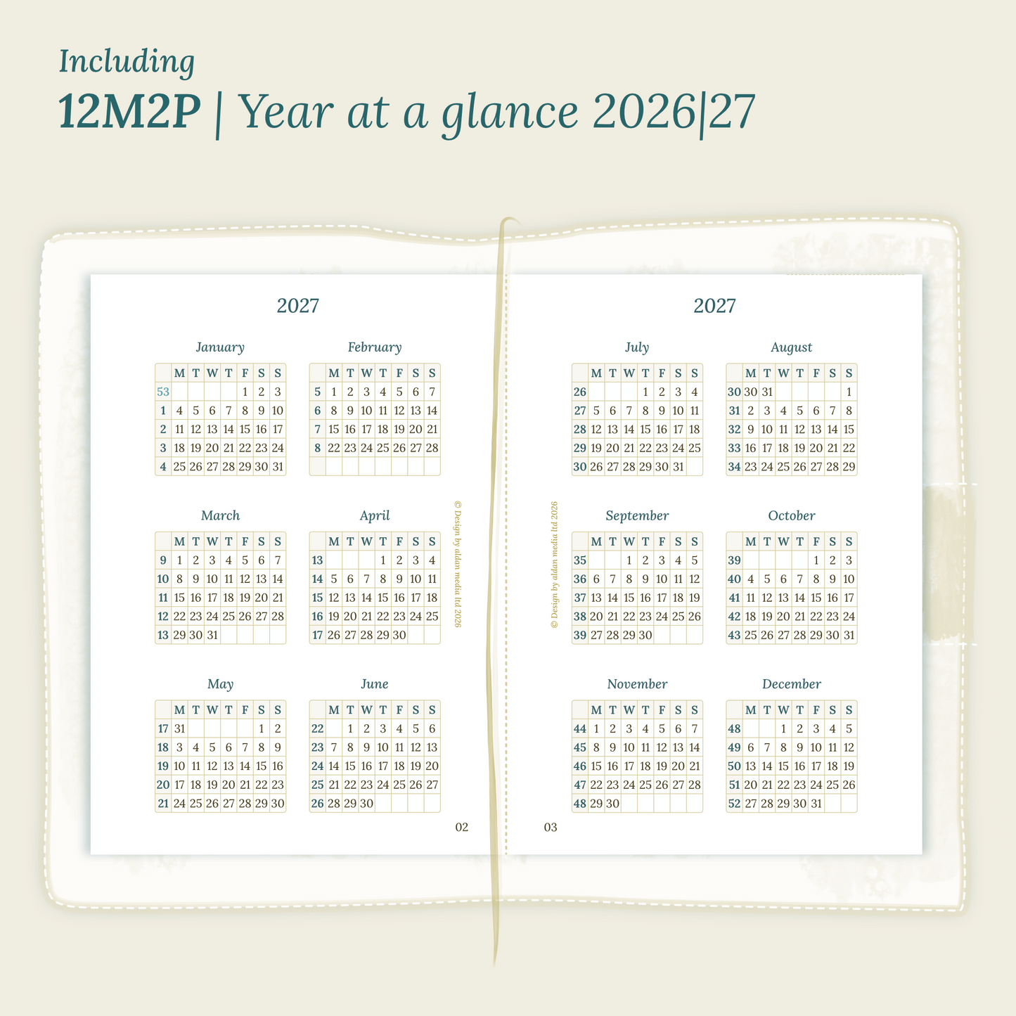 Open planner showing details of the PDF printable planner inserts module  12M2P 12 months on 2 pages for 2026 & 2027 inside this Bundle L