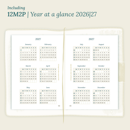 Open planner showing details of the PDF printable planner inserts module  12M2P 12 months on 2 pages for 2026 & 2027 inside this Bundle L