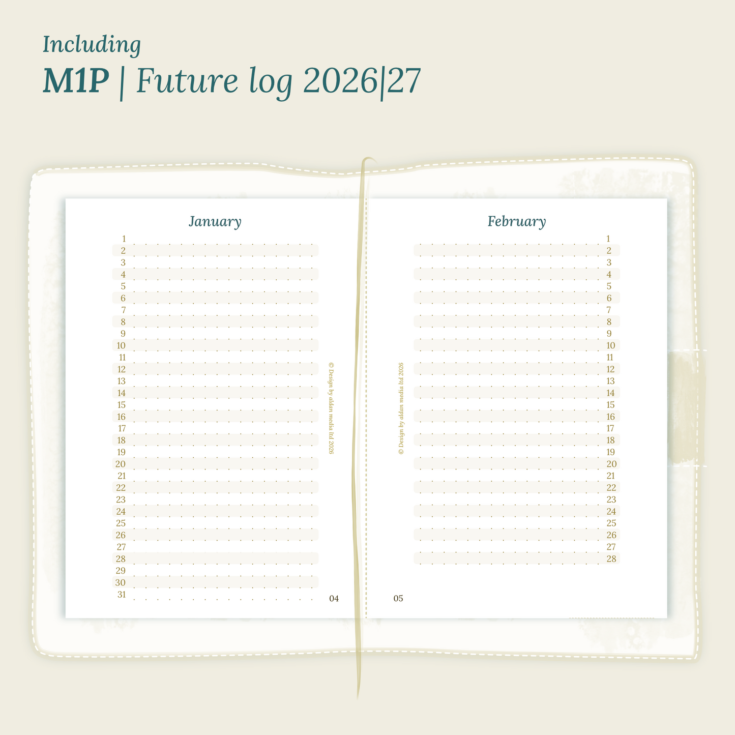Open planner showing details of the PDF printable planner inserts module M1P future log month on 1 page for 2026 & 2027 inside this Bundle L